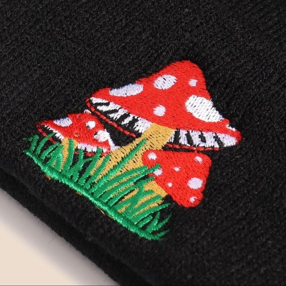 Mushroom Embroidered Beanie Embroidery Patch Hat Skull Cap Black Magic Shroom - Picture 2 of 3